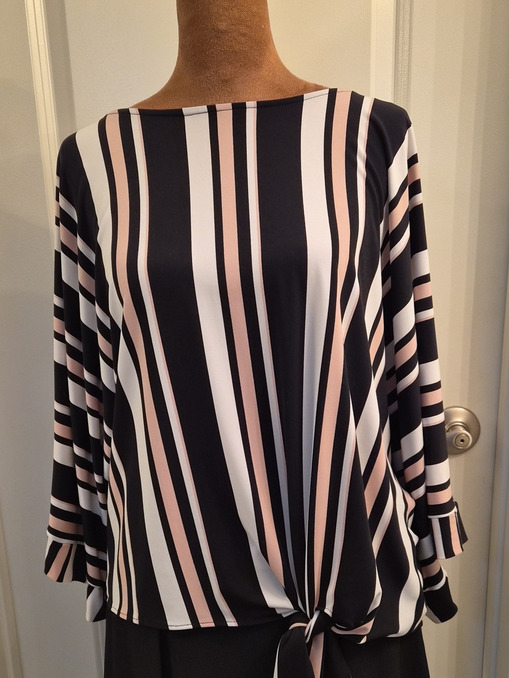 Frank Lyman Design Vertical Stripe Tie-Front Blouse in Black, White & Blush